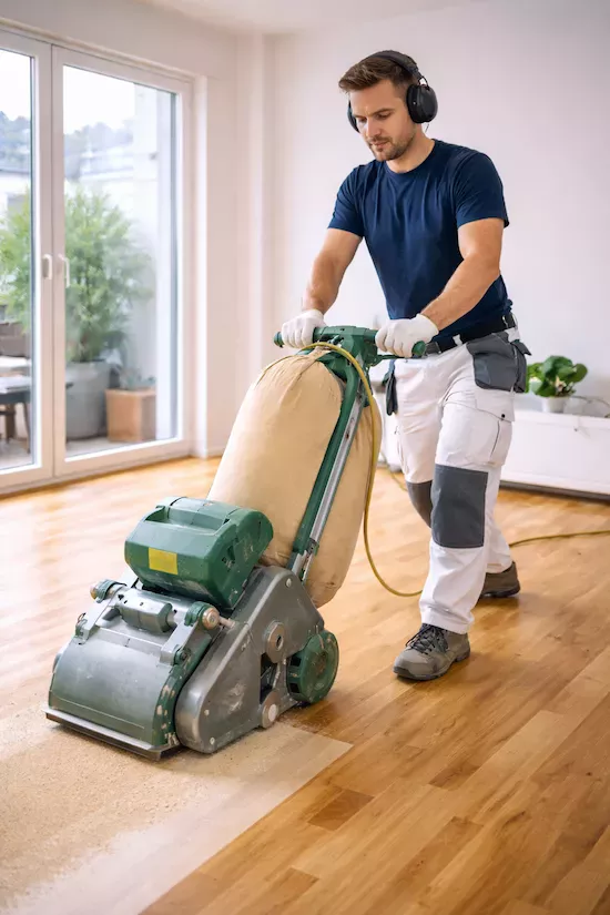 Golvslipning av trägolv med professionell maskin – hantverkare arbetar fokuserat med golvslip i ljus bostad med synlig skillnad mellan slipat och oslipat golv.